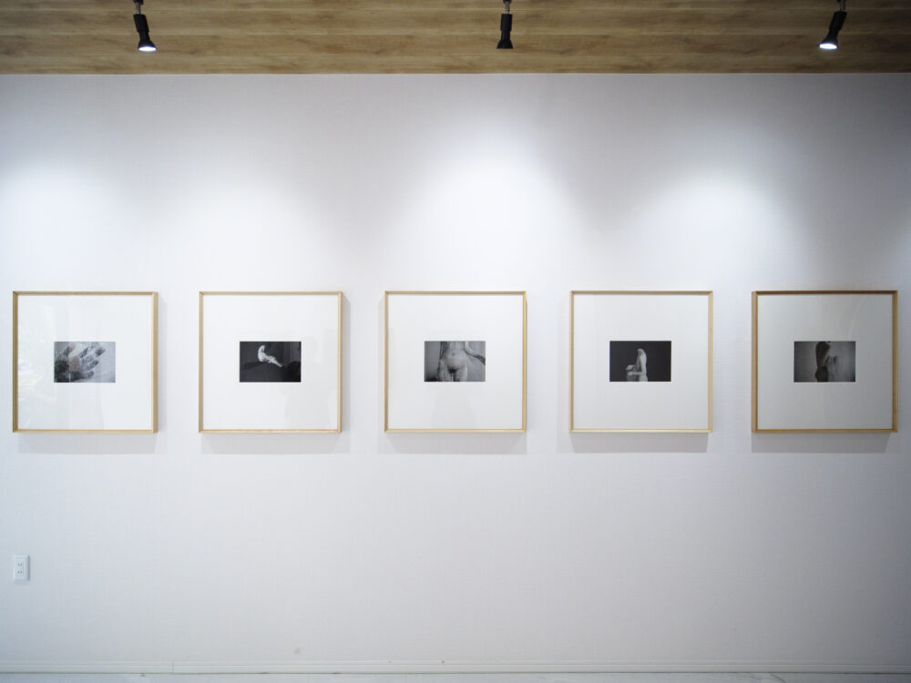 写真家コハラタケル個展「Contrast」の展示風景 ハードメープルの真四角の額縁5点が白壁に並ぶ